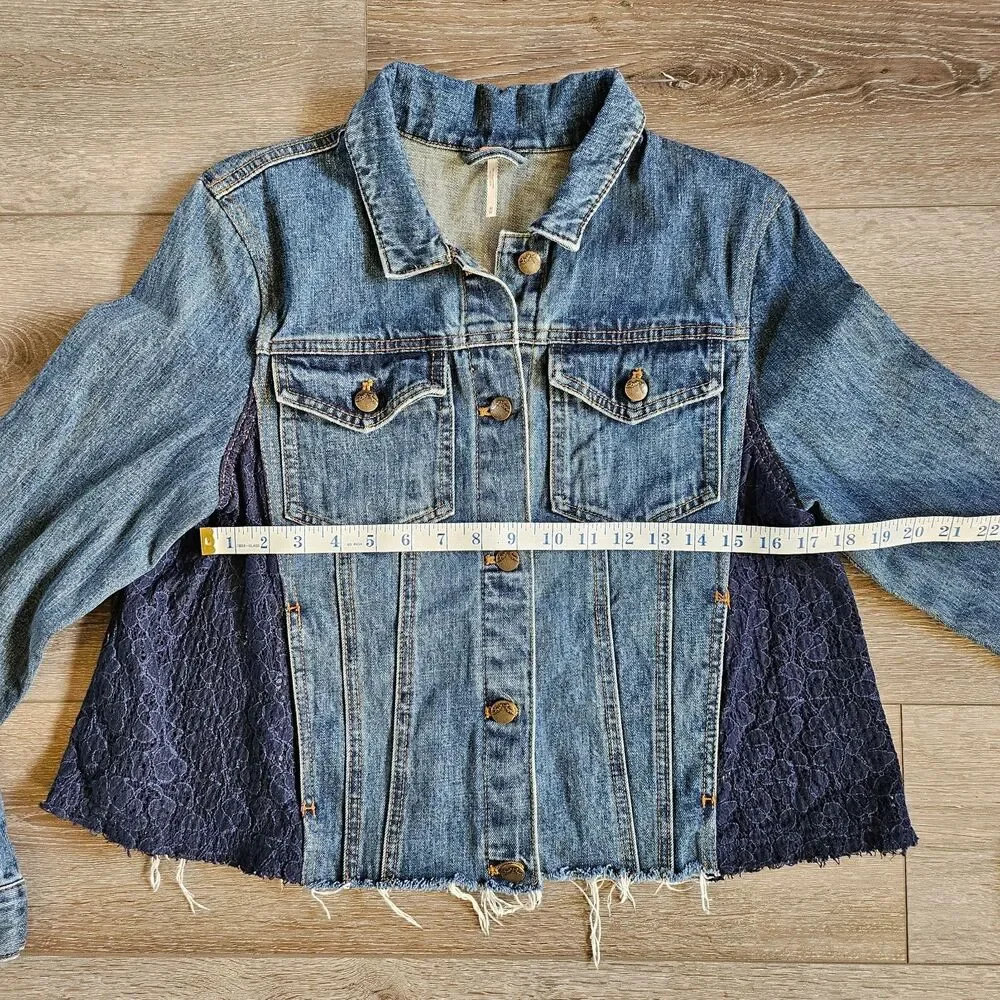 Free People Denim Lace Frayed Jean Jacket Women's Size M Dark Wash